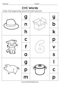 CVC words worksheets. Look at the picture. Say the name and color the beginning sound of each picture.