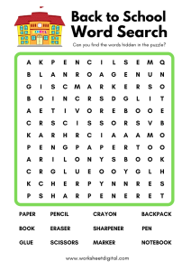 Back to School Word Search Worksheet