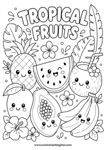 Cute Tropical Fruits Coloring Page for Kids | Summer Coloring Page Tropical Fruits